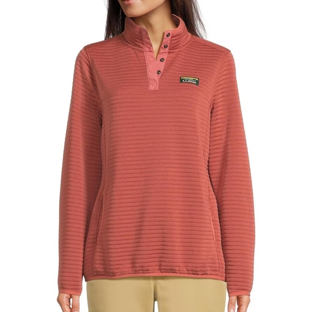 L.L. Bean Women's Size L AirLight Ribbed Sweatshirt Rust 1/4 Snap Pullover Coral